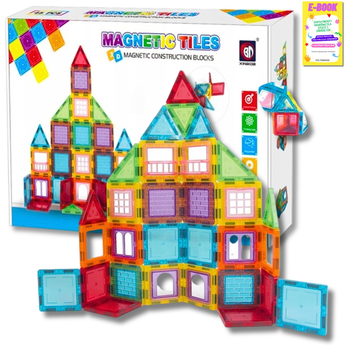 KLOCKI MAGNETYCZNE KONSTRUKCYJNE Kafelki Płytki Zestaw 45 el Rainbow Magnetic tiles + EBOOK