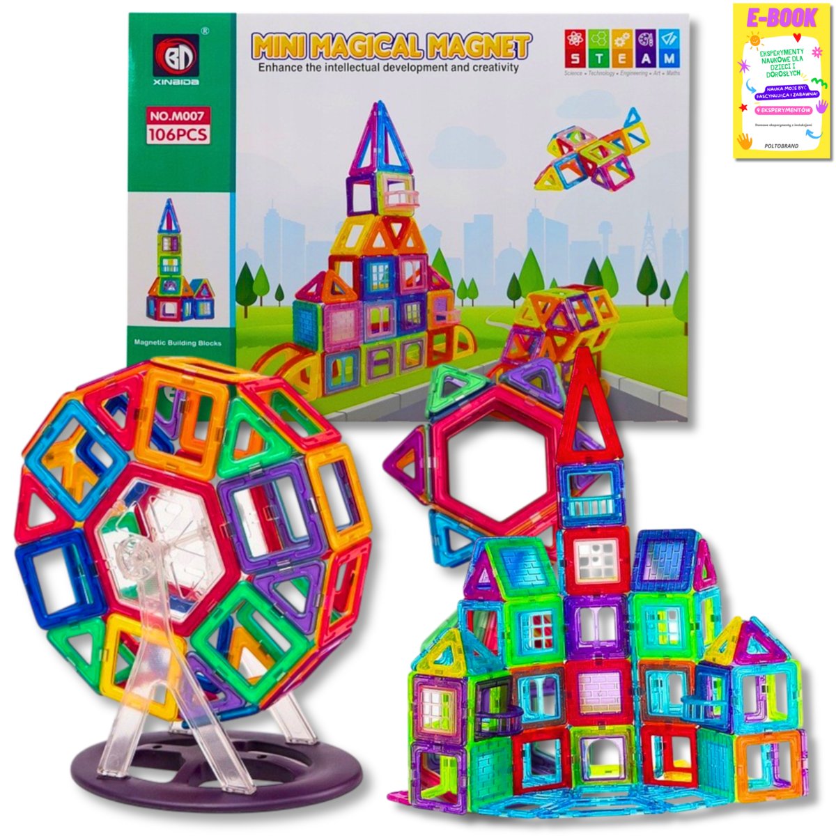 DUŻE KLOCKI MAGNETYCZNE KONSTRUKCYJNE Kafelki Płytki Zestaw 106el Rainbow Magnetic tiles + EBOOK