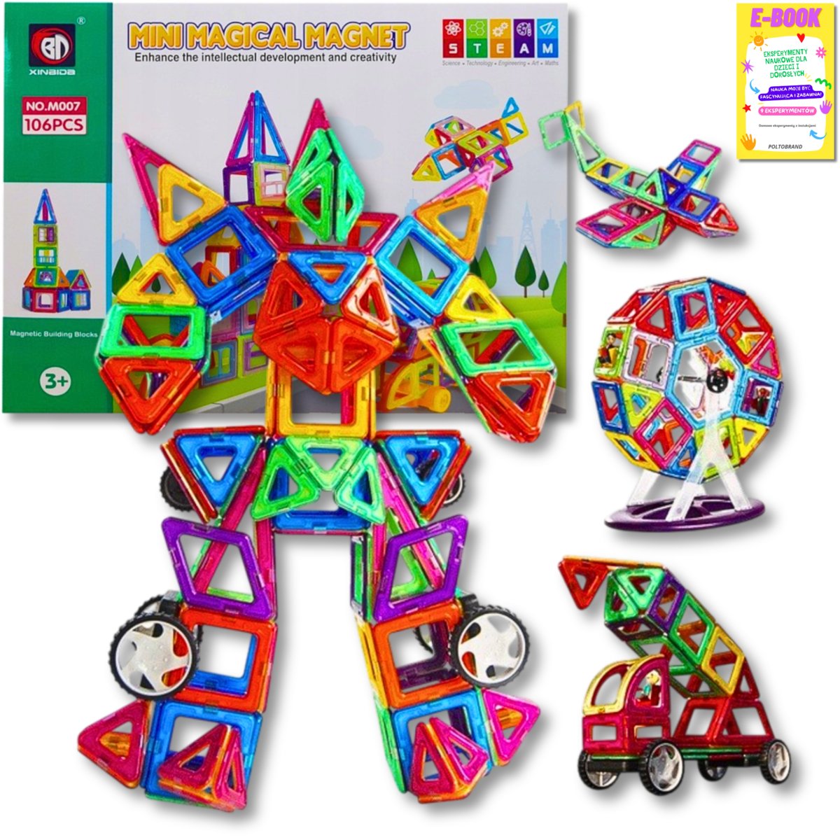 DUŻE KLOCKI KONSTRUKCYJNE MAGNETYCZNE 3D MAGNETIC DLA DZIECI 106el PANELE KONSTRUKCYJNE PREZENT DLA DZIECKA + EBOOK