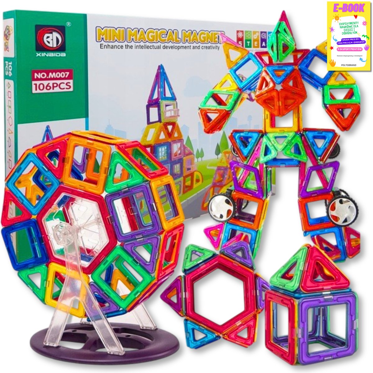 DUŻE KLOCKI MAGNETYCZNE 3D MAGNETIC DLA DZIECI 106el PANELE KONSTRUKCYJNE PREZENT DLA DZIECKA + EBOOK