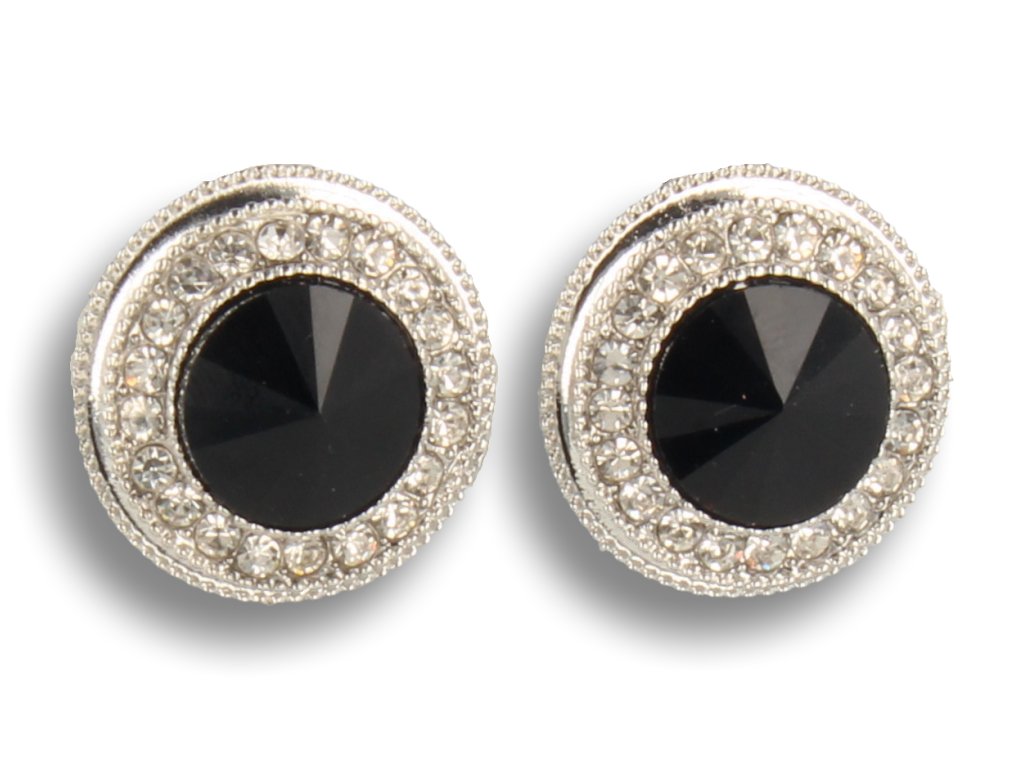 Klipsy do uszu srebrne, okrągłe z czarną perełką i cyrkoniami