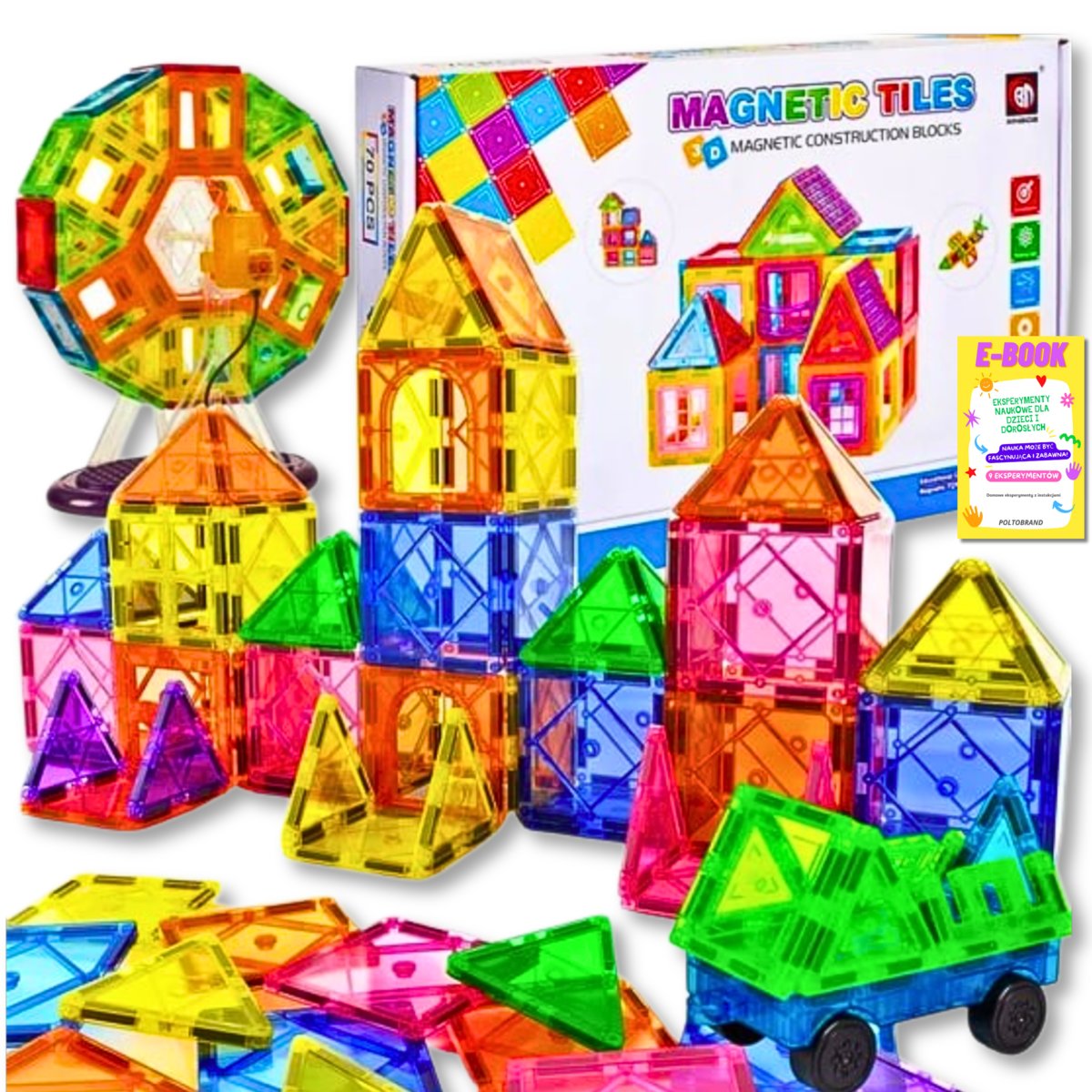 DUŻE KLOCKI MAGNETYCZNE KONSTRUKCYJNE 3D MAGNETIC DLA DZIECI 70el PANELE KONSTRUKCYJNE KLOCKI PREZENT + EBOOK