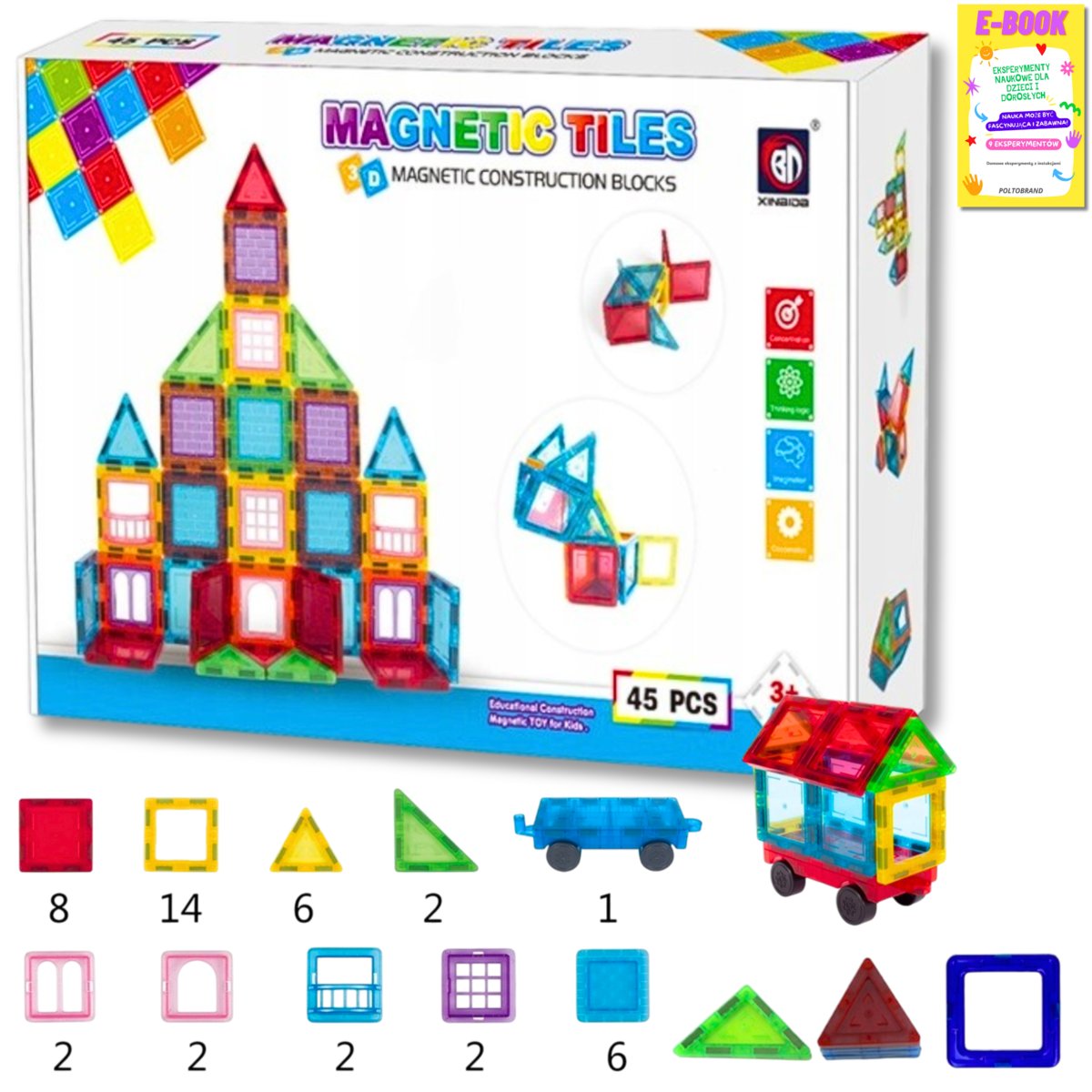 KLOCKI MAGNETYCZNE 3D MAGNETIC DLA DZIECI 45el PANELE KONSTRUKCYJNE PREZENT DLA DZIECKA + EBOOK