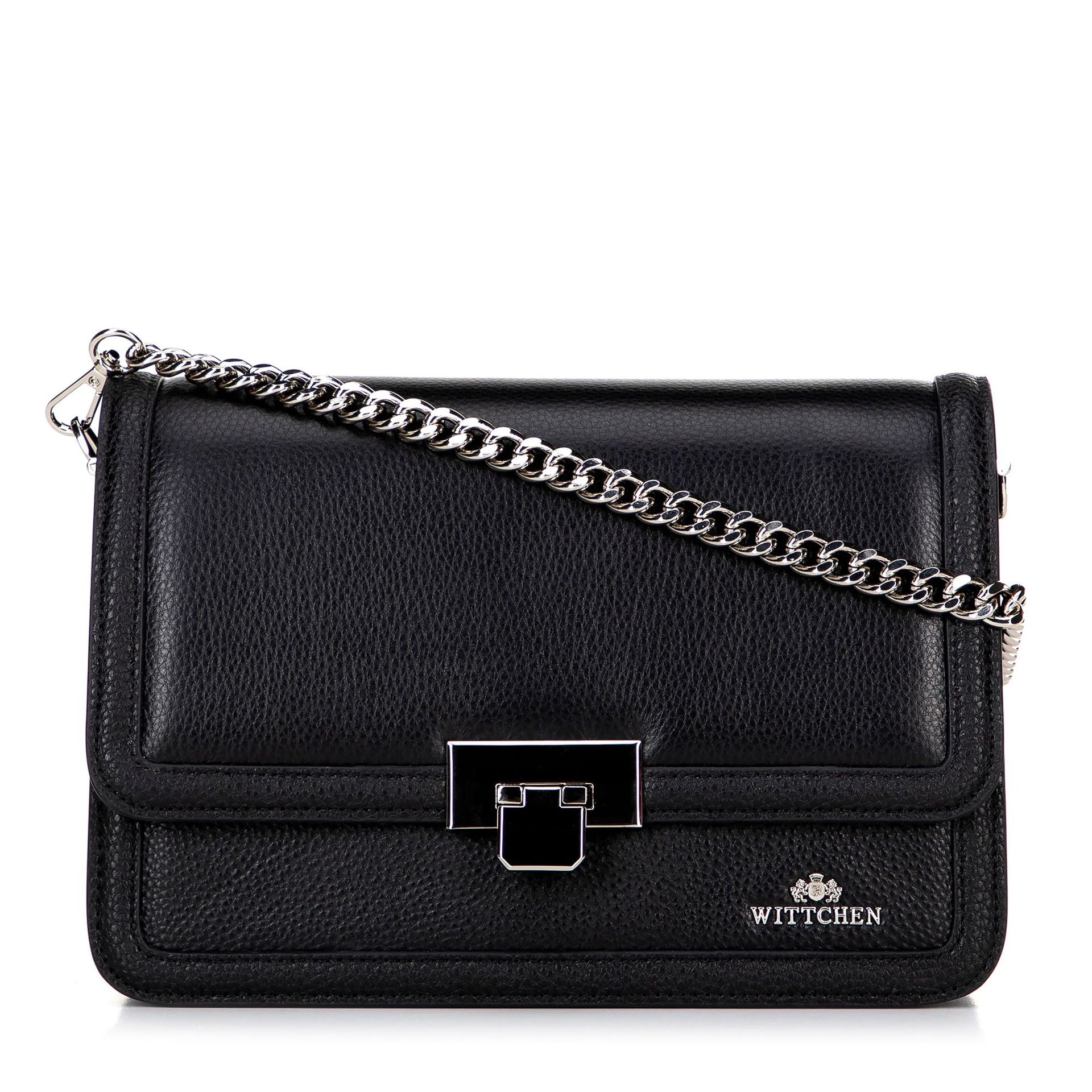 Skórzana torebka crossbody z łańcuszkiem czarno - srebrna