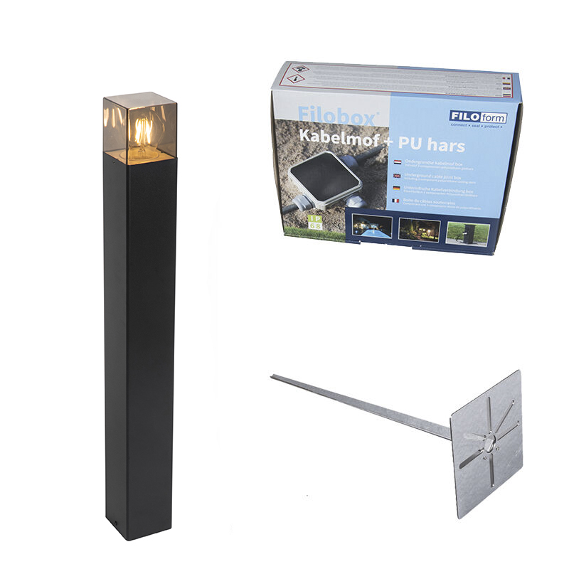 QAZQA Stojąca lampa zewnętrzna czarna 70 cm IP44 z przydymionym szkłem - Dania