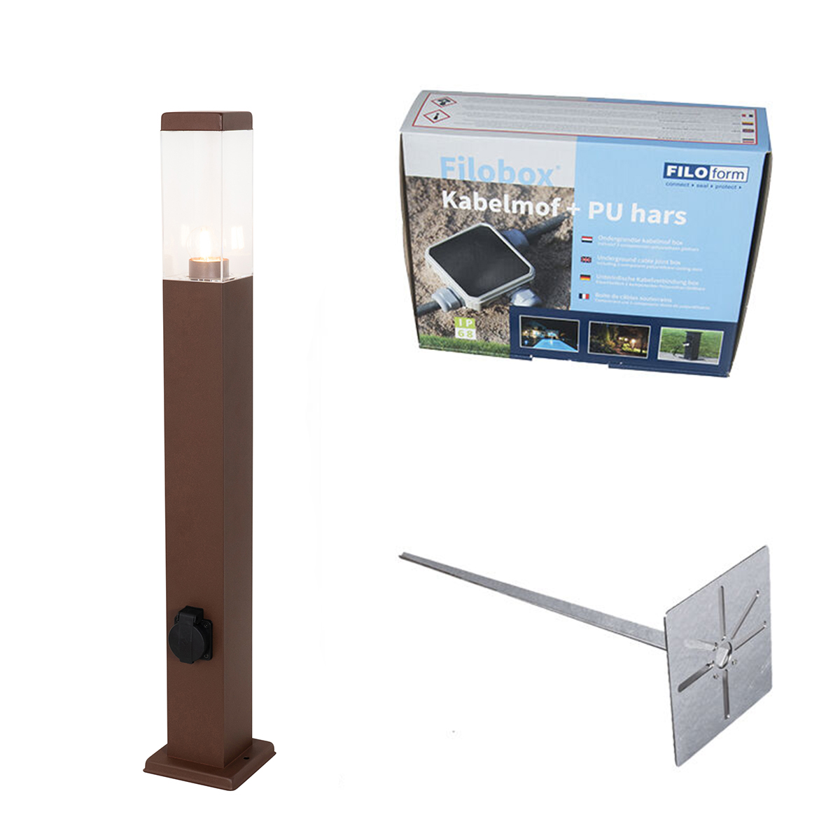 QAZQA Lampa zewnętrzna rdzawo-brązowa 80 cm z gniazdkiem IP44 - Malios