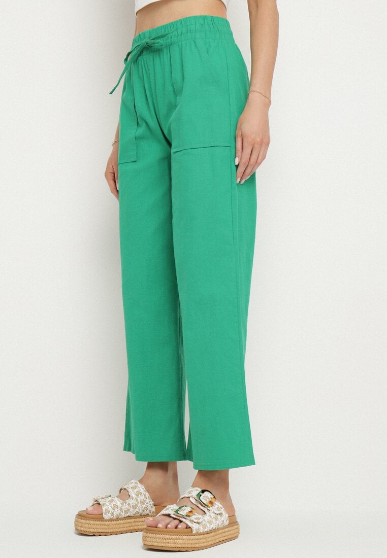 Zielone Spodnie z Bawełny Ozdobione Wiązaniem Davione