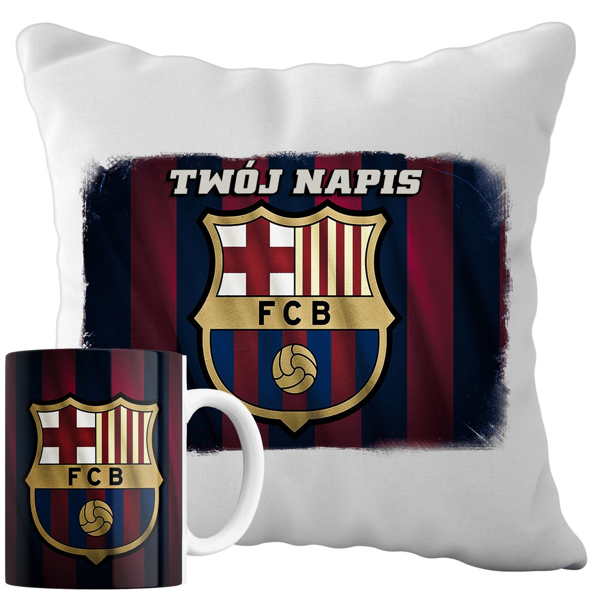 Kubek Poduszka Barcelona 330ml 40x40cm z Napisem Zestaw Piłkarski Napis