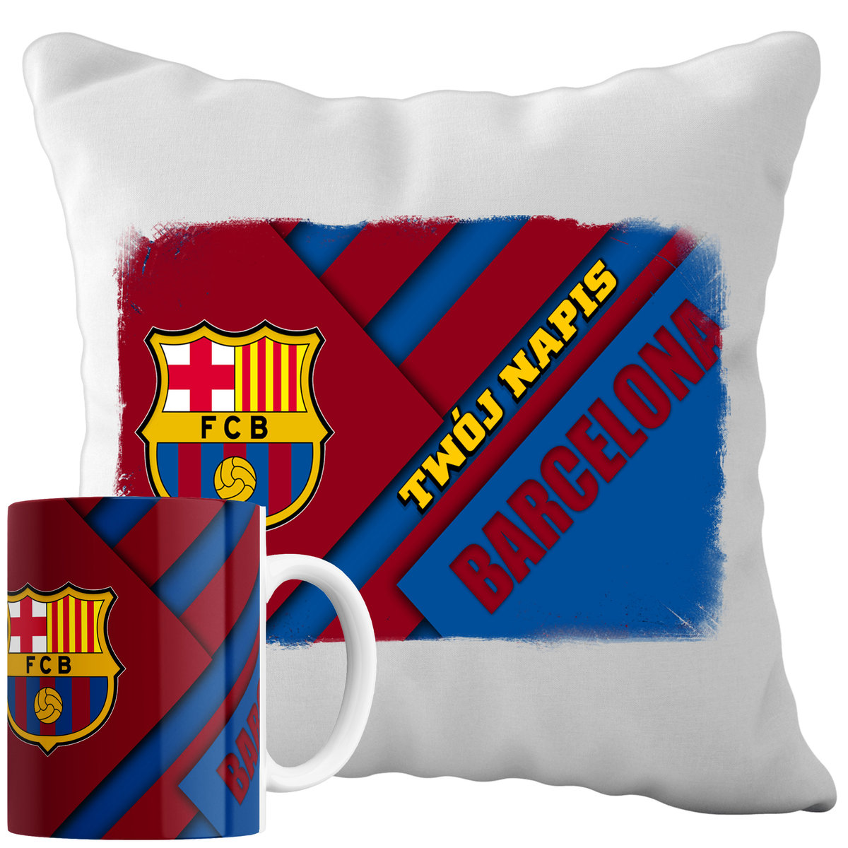 Kubek Poduszka Barcelona 330ml 40x40cm z Napisem Zestaw Piłkarski Napis