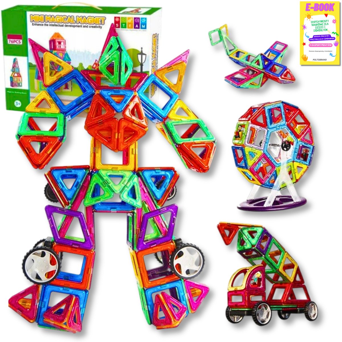 KLOCKI MAGNETYCZNE KONSTRUKCYJNE 3D MAGNETIC DLA DZIECI 76el PANELE KONSTRUKCYJNE KLOCKI PREZENT + EBOOK