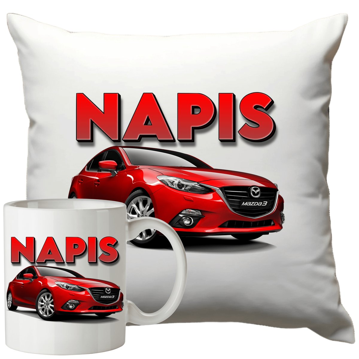 Kubek Poduszka Mazda 330ml 40x40cm z Napisem Zestaw Motoryzacyjny