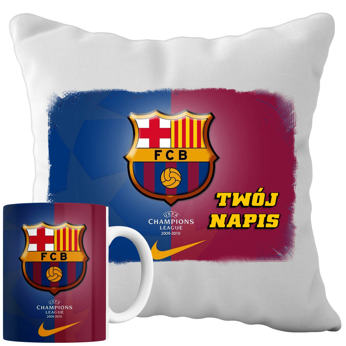 Kubek Poduszka Barcelona 330ml 40x40cm z Napisem Zestaw Piłkarski Napis