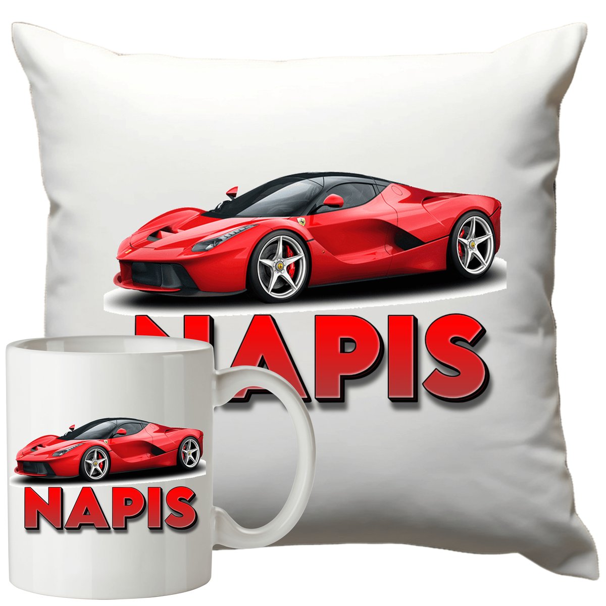 Kubek Poduszka Ferrari 330ml 40x40cm z Napisem Zestaw Motoryzacyjny