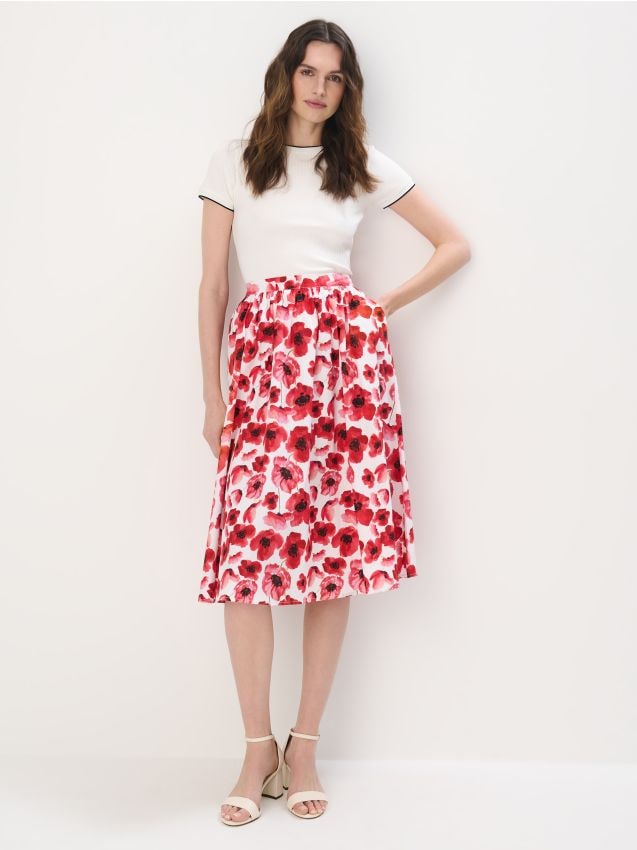 Mohito - Bawełniana spódnica midi w kwiaty - czerwony