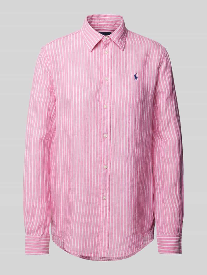 Bluzka koszulowa lniana o kroju classic fit z wyhaftowanym logo