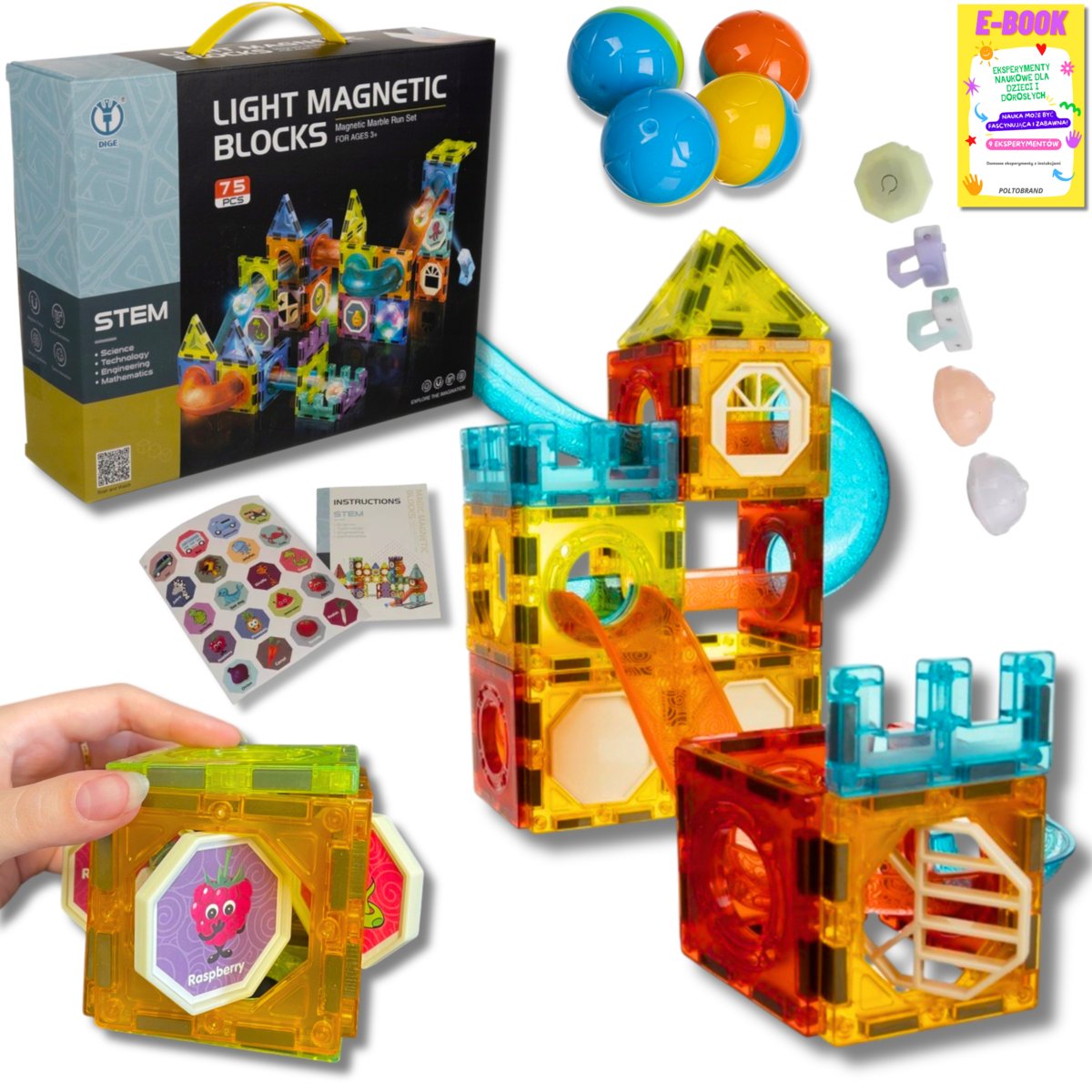 Klocki Magnetyczne Konstrukcyjne Edukacyjne Zestaw Układanka Świecące Kulki KLOCKI PREZENT DLA DZIECKA + EBOOK