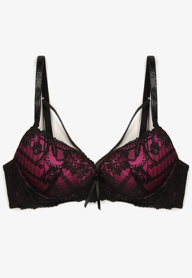 Czarno-Fuksjowy Biustonosz z Koronką i Ozdobnymi Paskami Korzedi