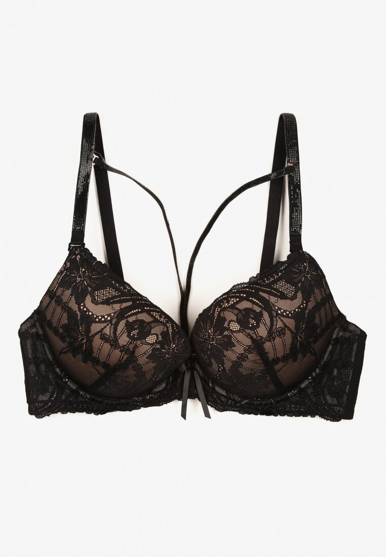 Czarno-Beżowy Biustonosz z Koronką i Ozdobnymi Paskami Korzedi