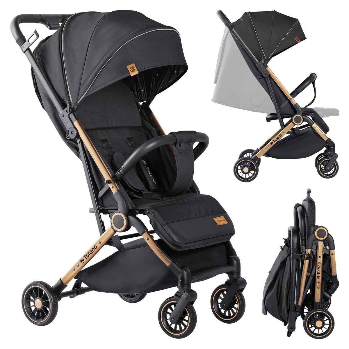 Wózek spacerowy Tulano Milan 35 z moskitierą, kompaktowy, 5,5 kg, składany, z pokrowcem na nogi, czarno-złoty