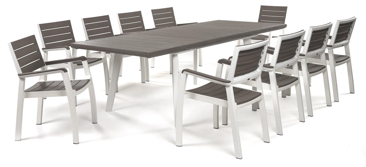 Zestaw Ogrodowy HARMONY 10+1 - Stół rozkładany 162-241 cm z 10 krzesłami - Biało-Cappuccino