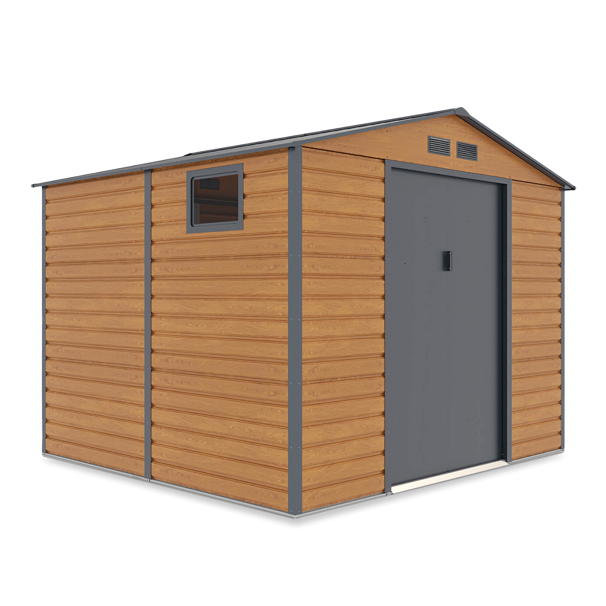 Domek narzędziowy MONTREAL 277x259 cm metalowy Oak Grey ogrodowy z oknami nowoczesny na narzędzia, pojemny Hardmaister szopa ogrodowa