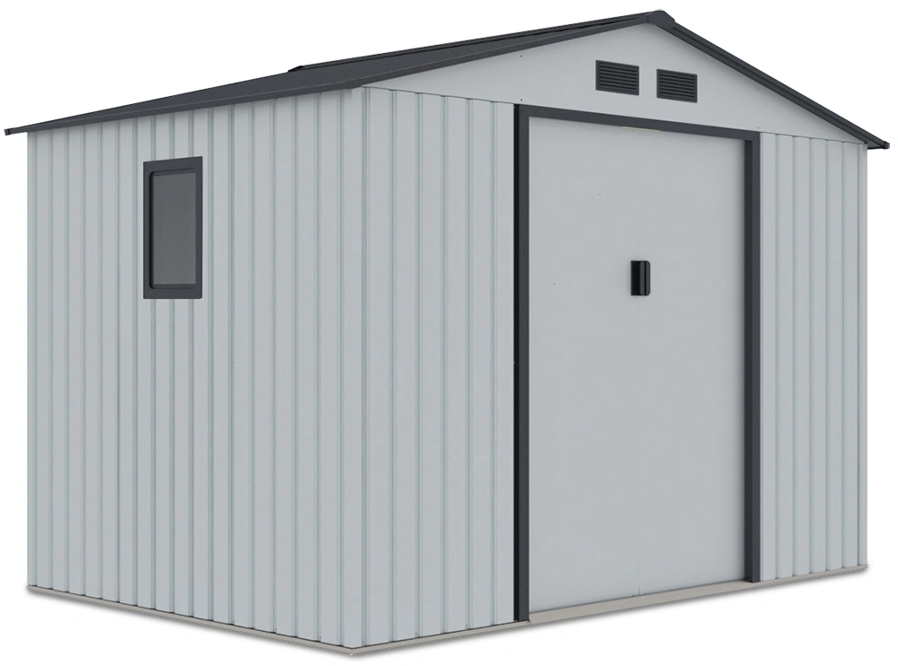 Domek narzędziowy HUDSON 277x191cm Light Grey, metalowy, z podwójnymi drzwiami, wentylowany, schowek na sprzęt ogrodowy i narzędzia Hardmaister