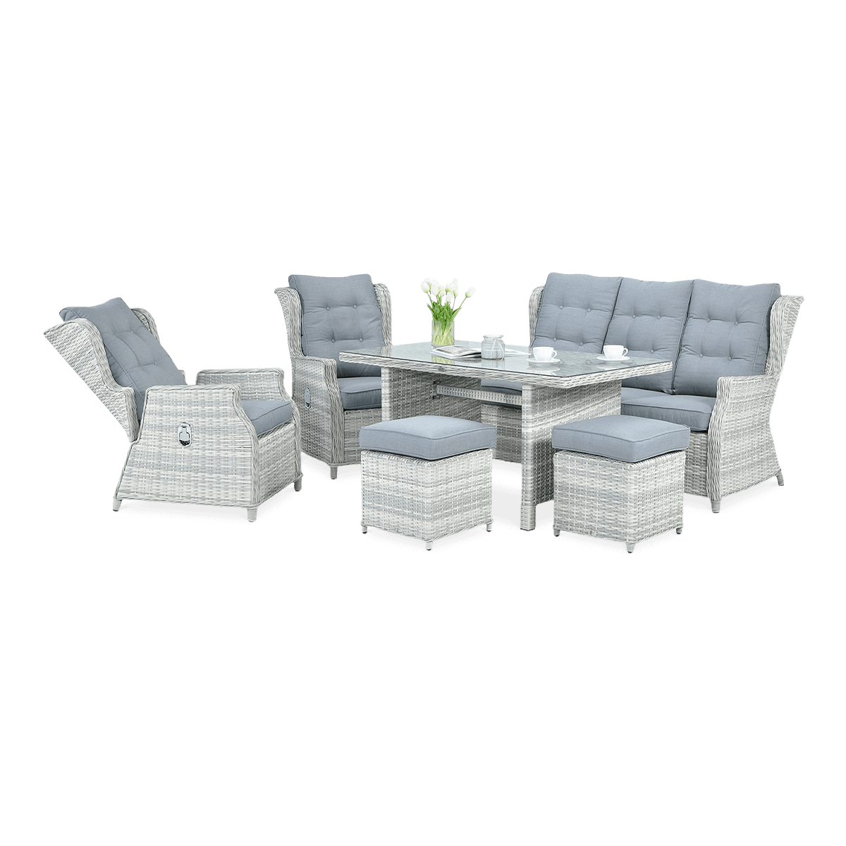 Meble technorattanowe BALTIMORE DINING + PUFY White Grey