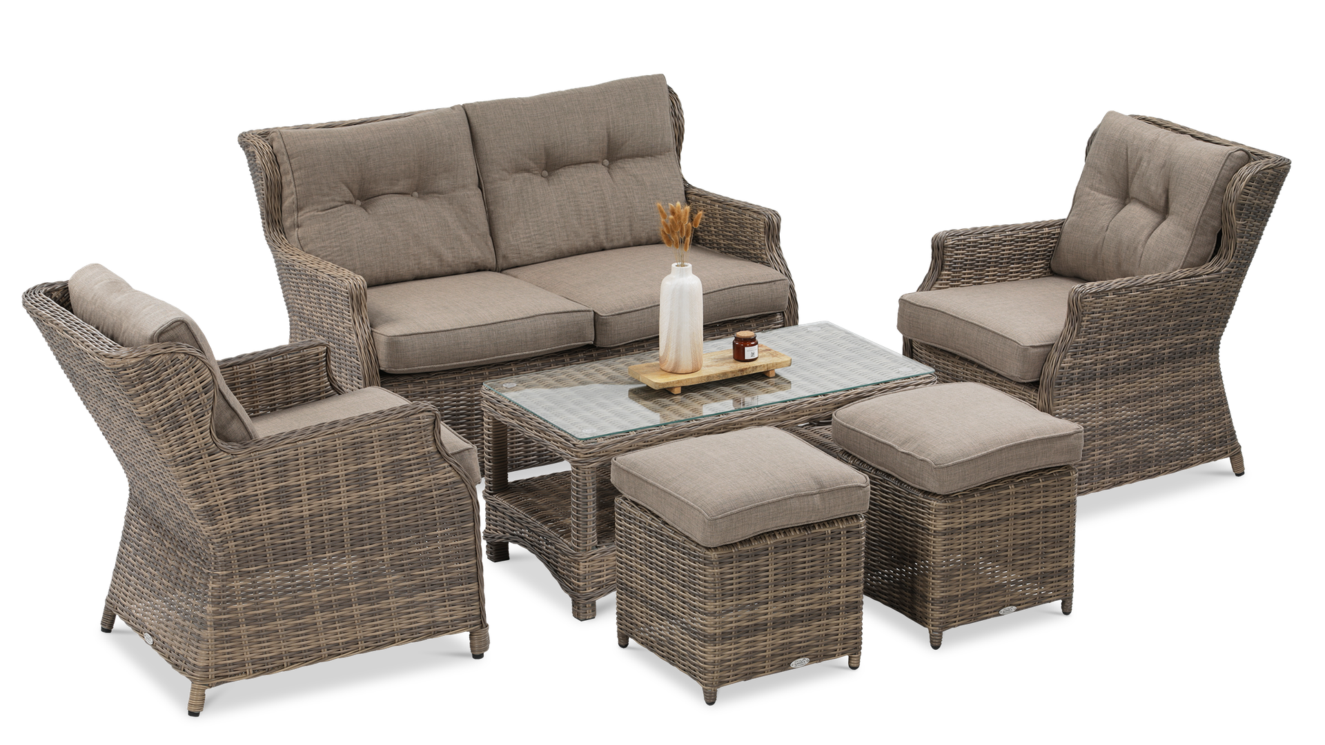 Meble z technorattanu TRIVENTO 2 + PUFY Brown