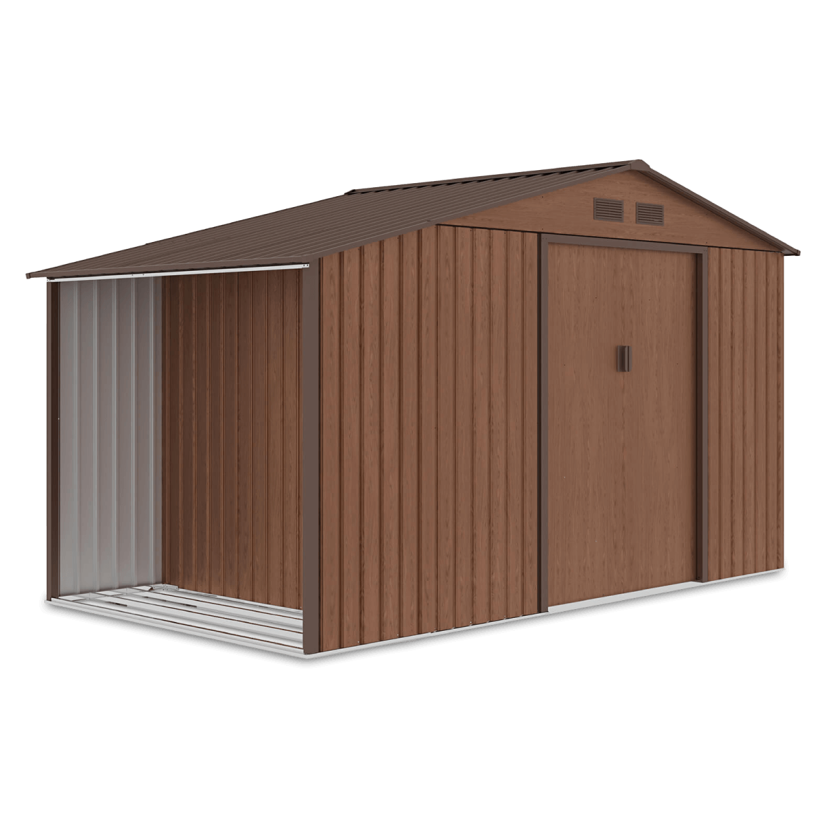 Domek narzędziowy MADISON 342x191cm Walnut, wentylowany, z drewutnią i przesuwanymi drzwiami, praktyczny schowek na narzędzia i opał Hardmaister