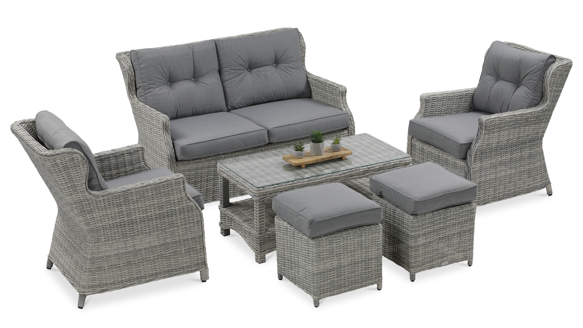 Meble z technorattanu TRIVENTO 2 + Pufy White Grey - Focus Garden