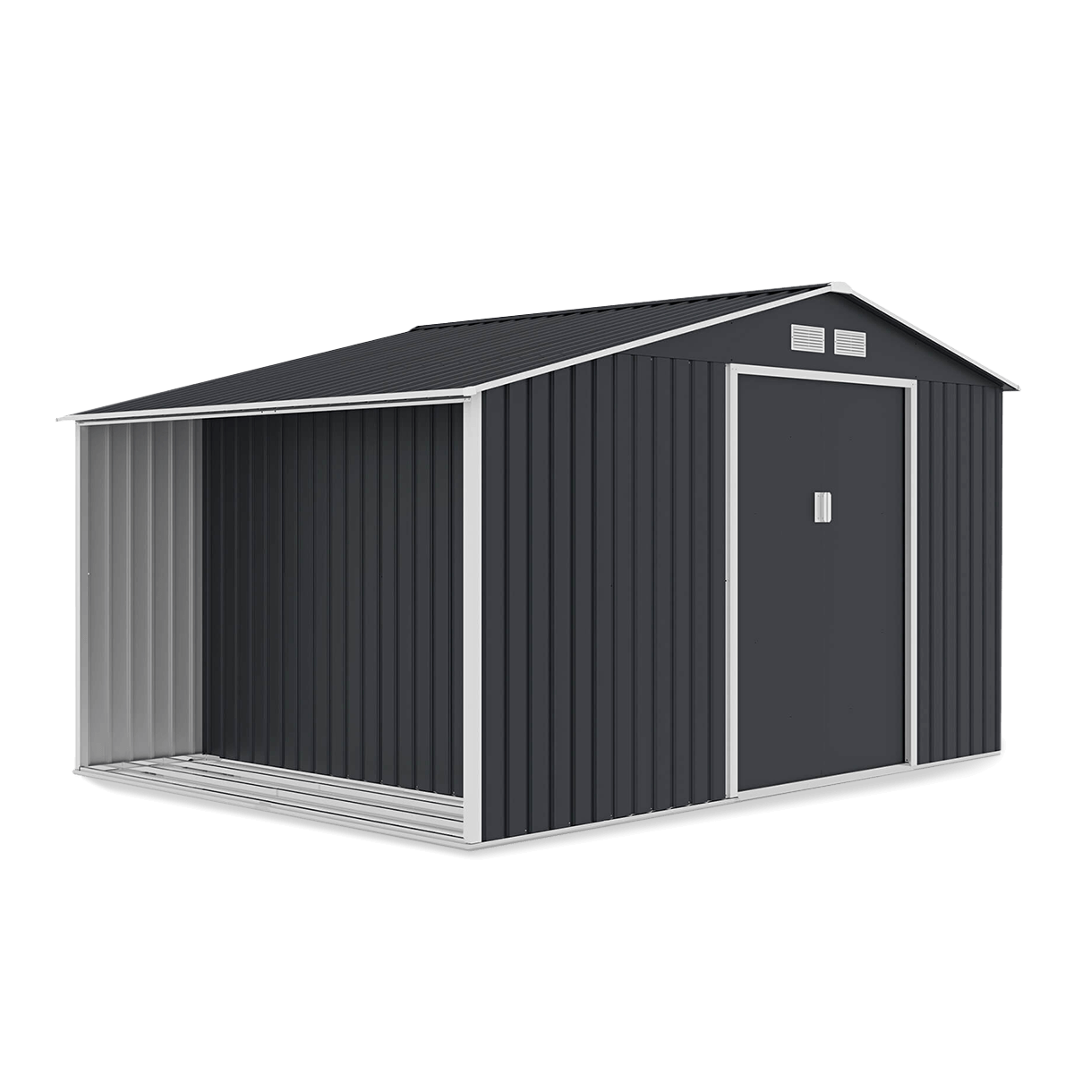 Domek narzędziowy MADISON 342x255cm Cold Grey, z drewutnią, wentylacją i przesuwanymi drzwiami, idealny schowek na narzędzia i drewno Hardmaister