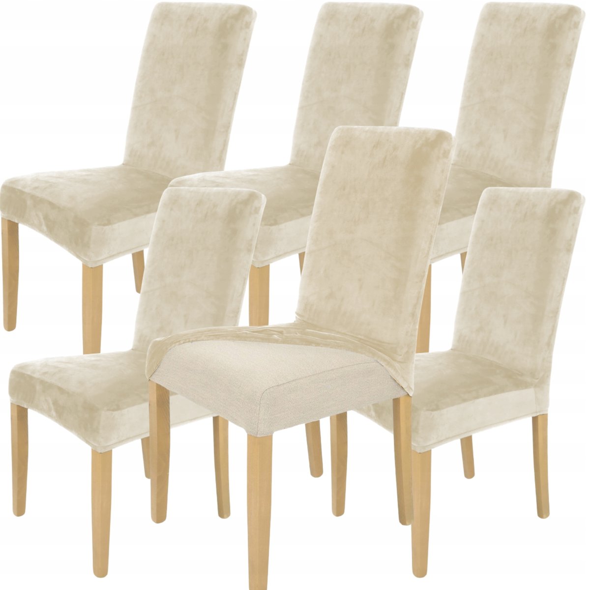 ZESTAW 6SZT. POKROWIEC NA KRZESŁO ELASTYCZNY WELUR KASZMIROWY BEŻ