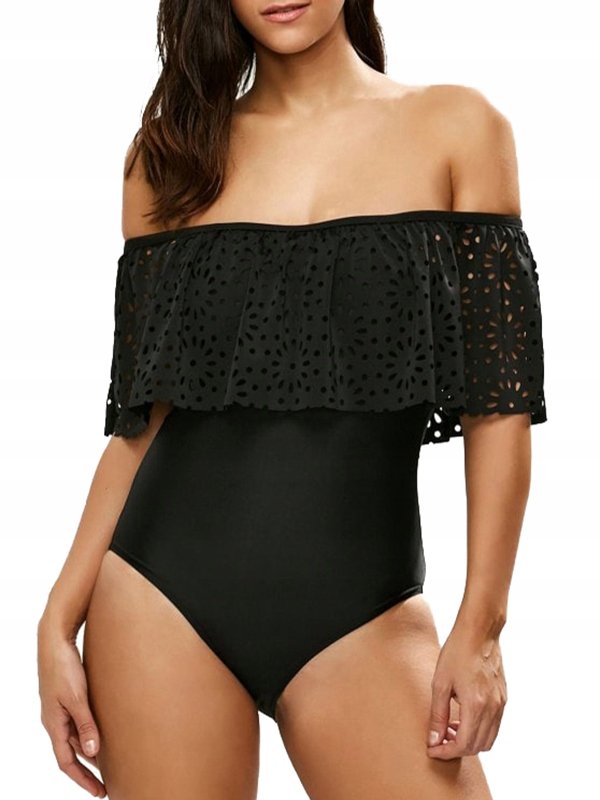 JEDNOCZĘŚCIOWY STRÓJ KĄPIELOWY CZARNY KOSTIUM HISZPANKA MONOKINI FALBANA S