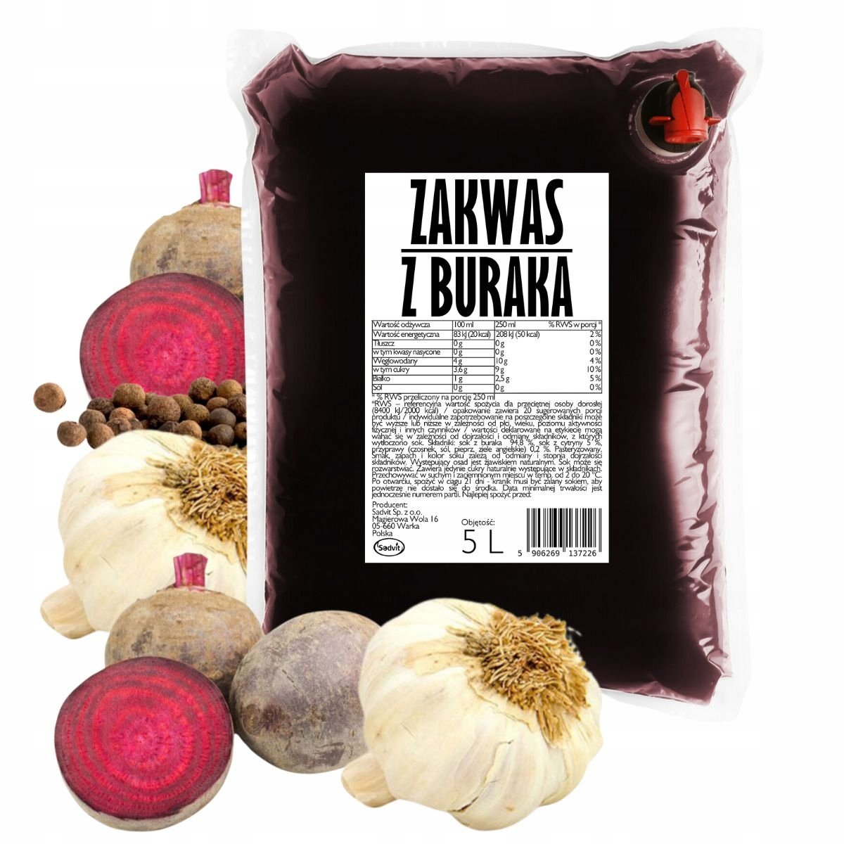ZAKWAS Z BURAKA z przyprawami 100% tłoczony 5L NFC idealny do diety zdrowy