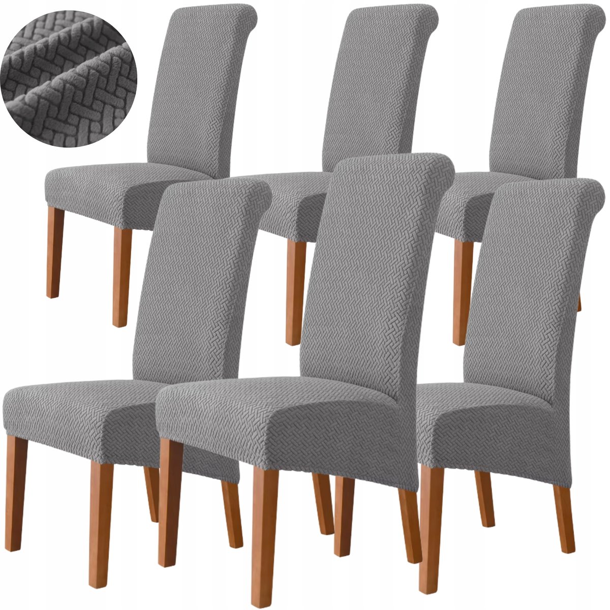 6 SZT POKROWIEC NA KRZESŁO XL SZARY POKROWCE SKOŚNE DUŻE ŻAKARD GRUBY