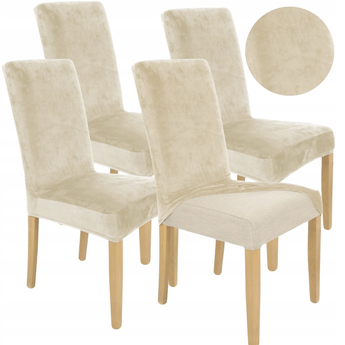 ZESTAW 4SZT. POKROWIEC NA KRZESŁO ELASTYCZNY WELUR KASZMIROWY BEŻ