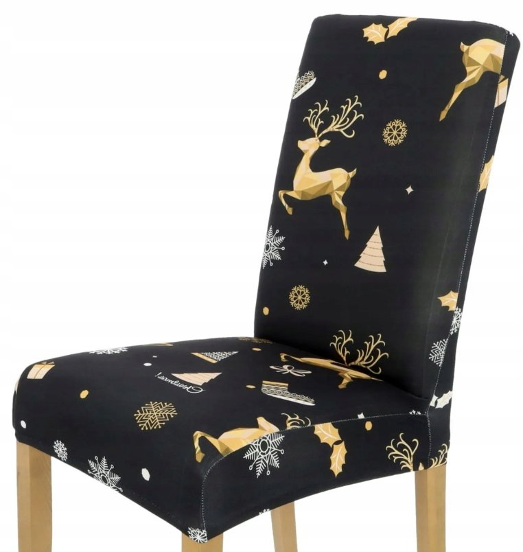 POKROWIEC NA KRZESŁO CZARNY ŚWIĄTECZNE WZORY ELASTYCZNY UNIWERSALNY