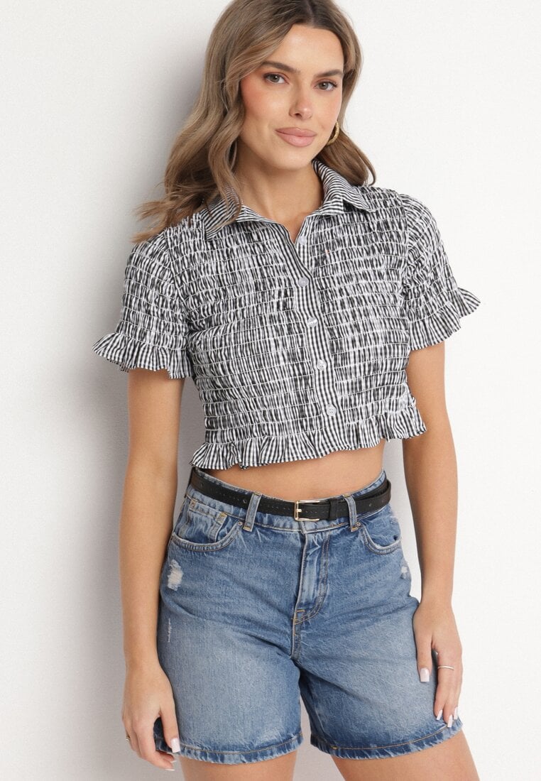 Czarna Elastyczna Koszula w Kratkę Vichy o Krótkim Kroju Sovzeri