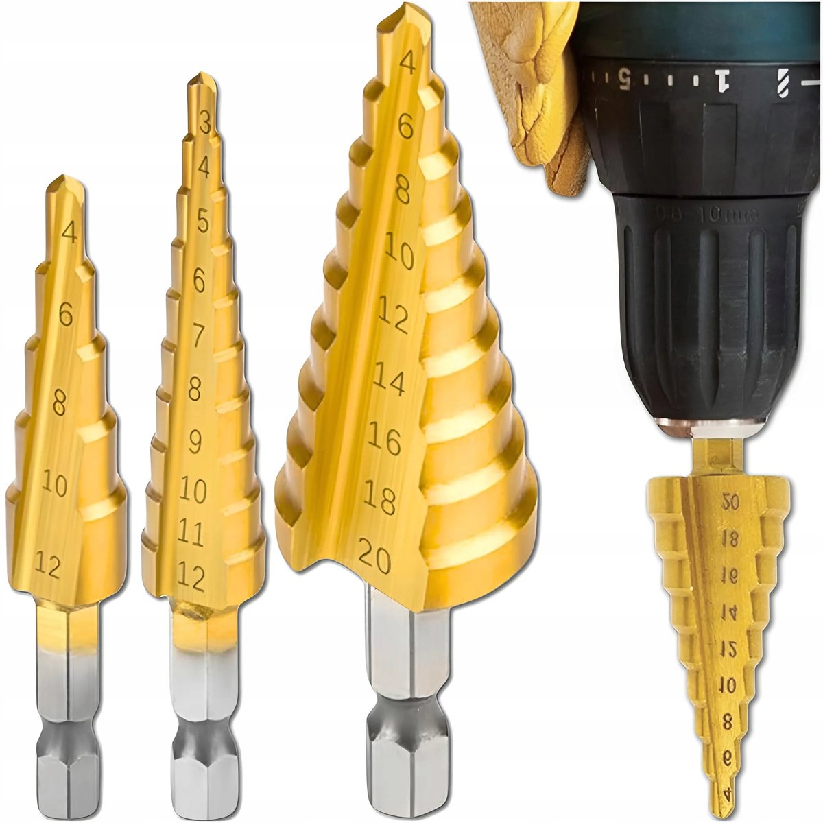 Wiertło Stożkowe Stopniowe 3 Wiertła Stożkowe 3Szt