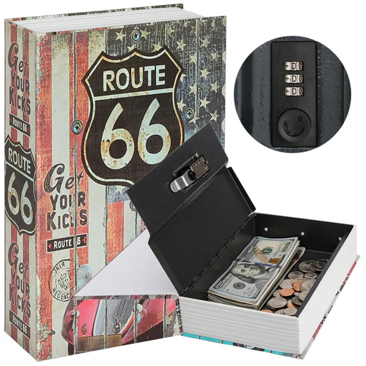 KSIĄŻKA SEJF (METALOWA) ROUTE 66 - KASETKA SKRYTKA NA PIENIĄDZE KLUCZE