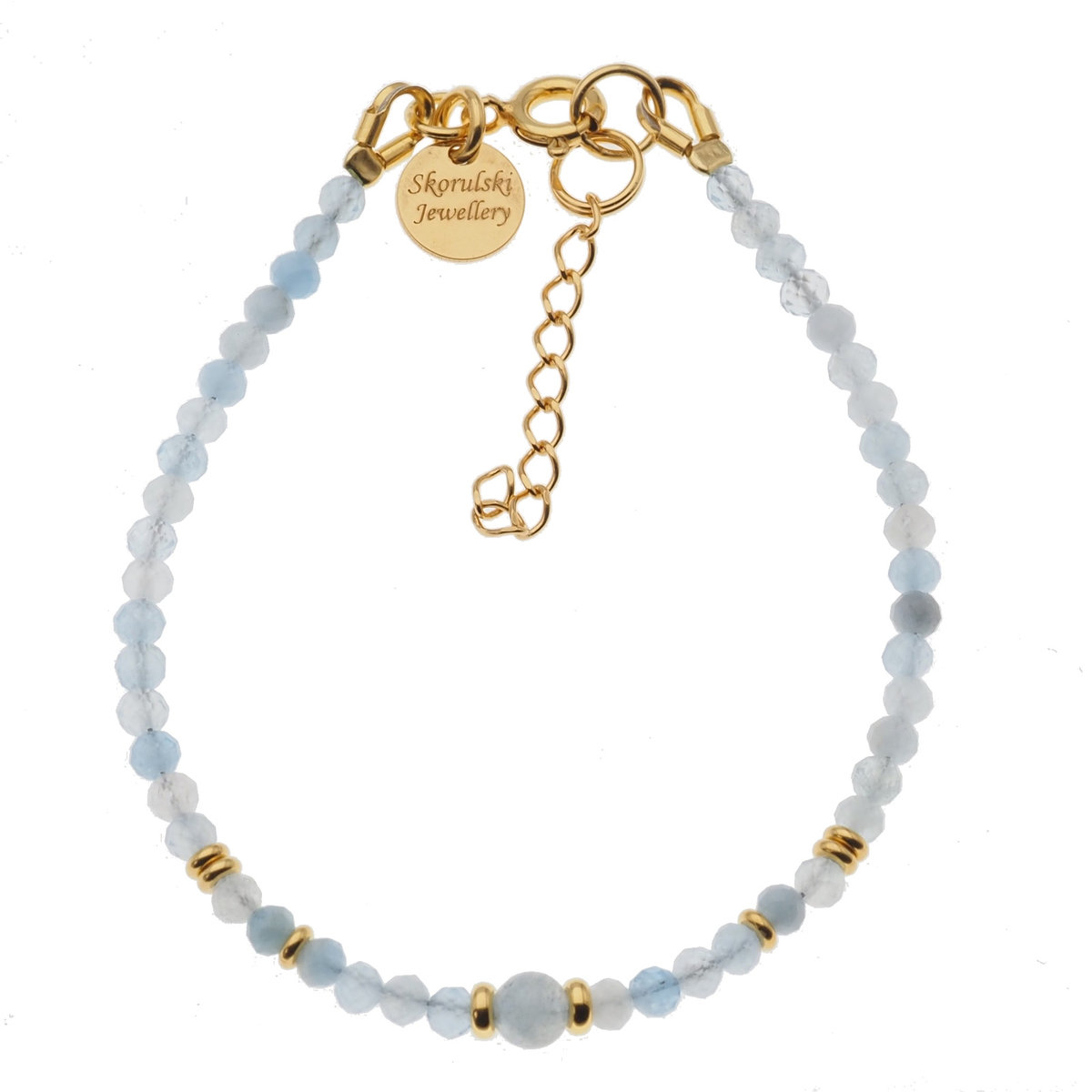 Skorulski Jewellery, Bransoletka, Akwamaryn cięte kulki i srebro złocone