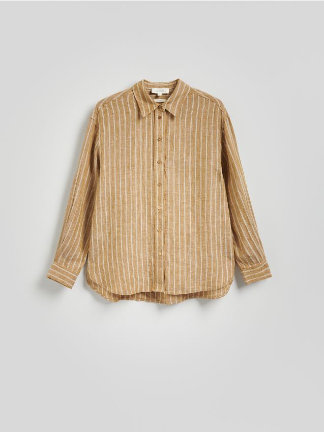 Reserved - Lniana koszula w paski - warm olive