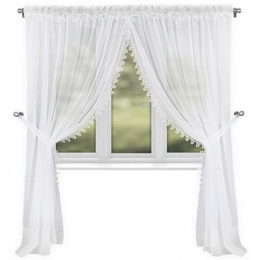 Firana z woalu zdobiona gipiurą 400x250 cm DŁUGA TOP PIĘKNA BIAŁA LG11A