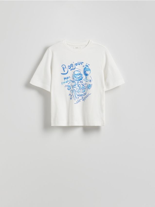Reserved - Bawełniany t-shirt z nadrukiem - złamana biel