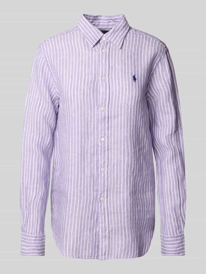 Bluzka koszulowa lniana o kroju classic fit z wyhaftowanym logo