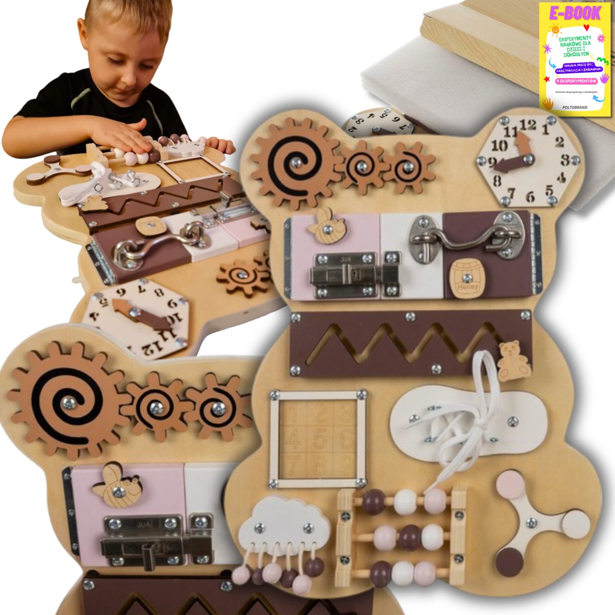 BEZPIECZNA Tablica Manipulacyjna Sensoryczna 10w1 Edukacyjna Drewniana Miś dla Dzieci PREZENT DLA DZIECKA + EBOOK