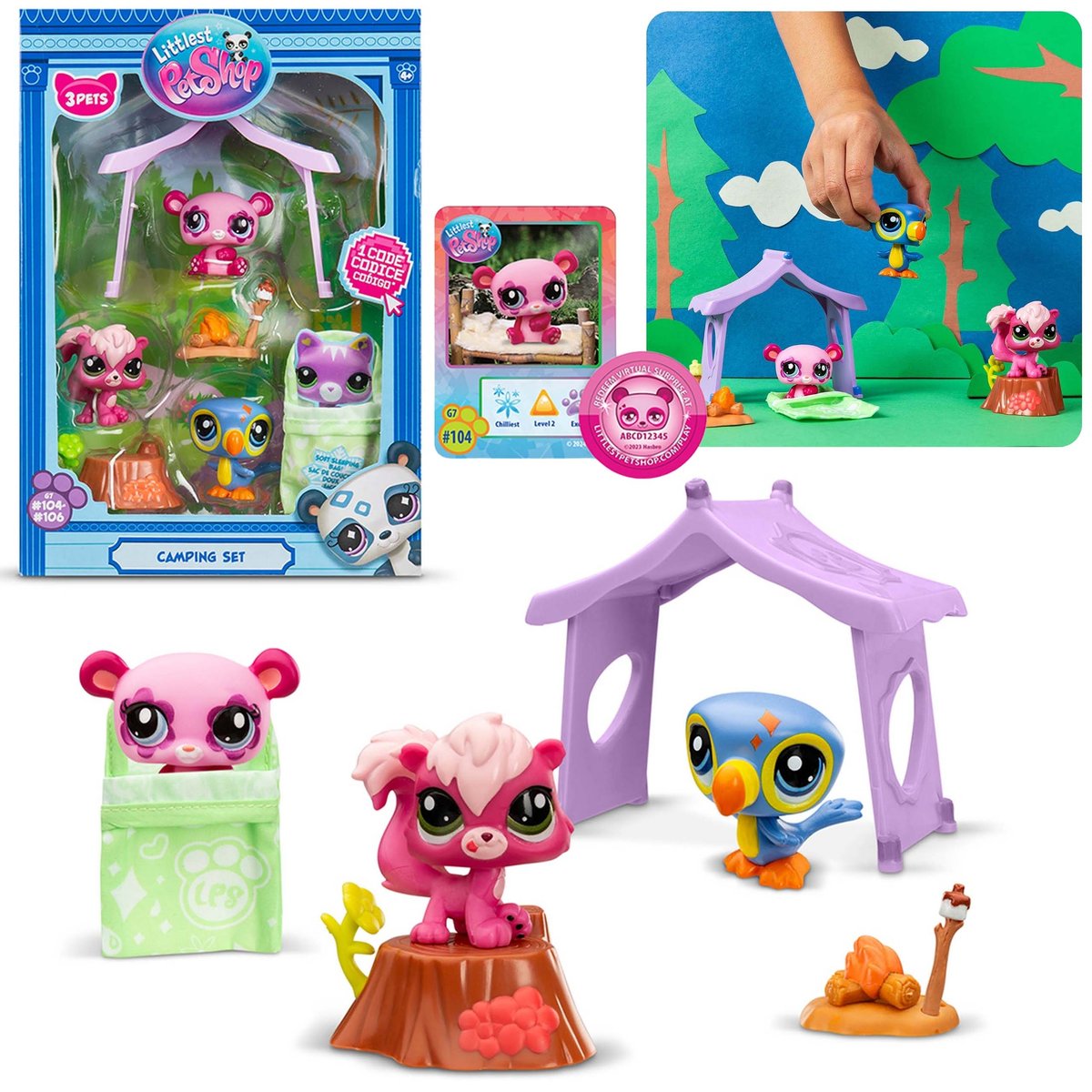 Littlest Pet Shop Zestaw figurek Camping, zwierzątka + akcesoria, ruchome figurki 4+