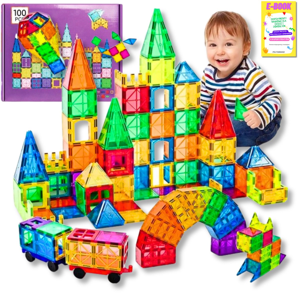 KLOCKI MAGNETYCZNE KONSTRUKCYJNE EDUKACYJNE ZESTAW 100 EL DUŻE PANELE 3D PREZENT DLA DZIECKA + EBOOK