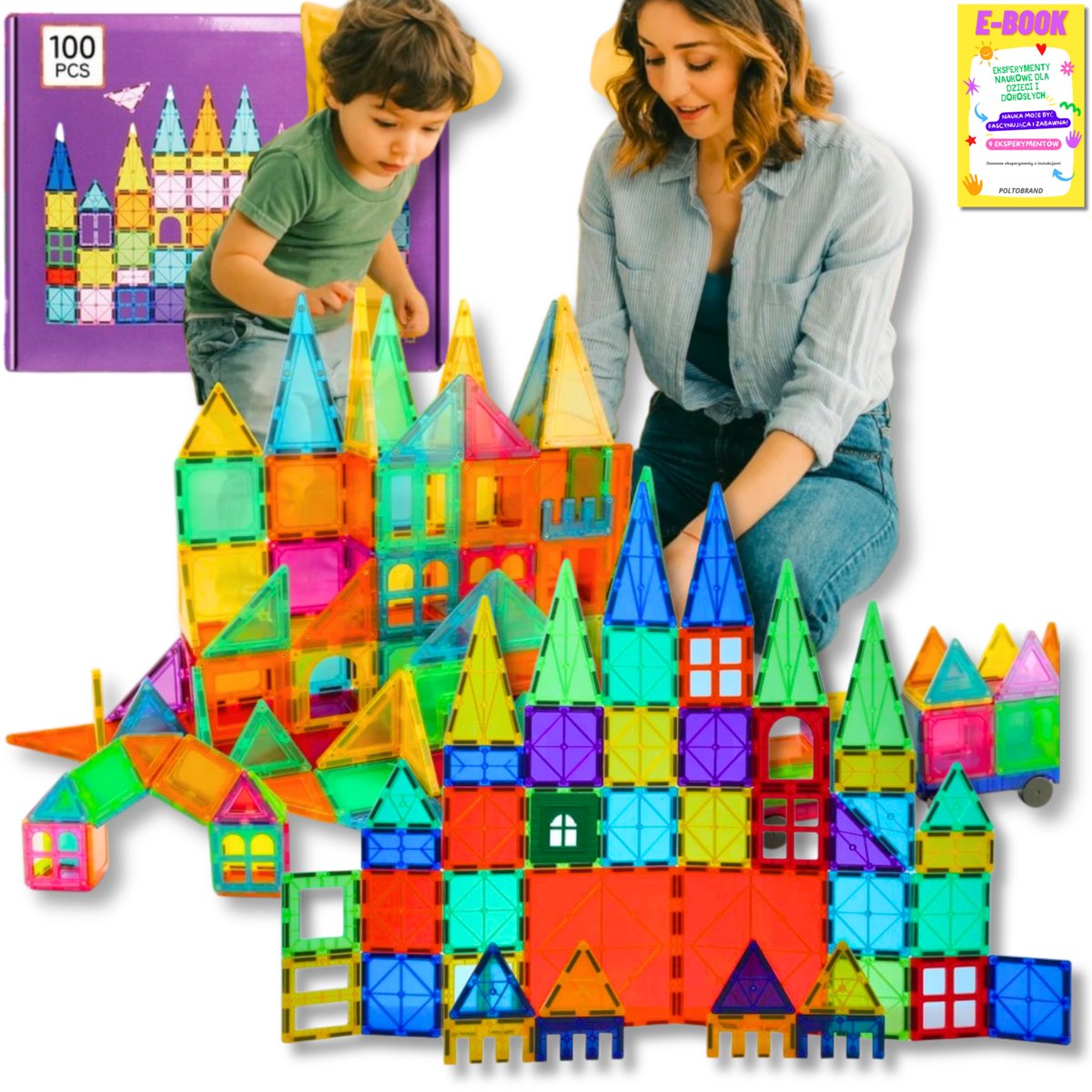 KLOCKI PREZENT Klocki Magnetyczne Konstrukcyjne Edukacyjne ZESTAW 100 EL DUŻE PANELE 3D + EBOOK