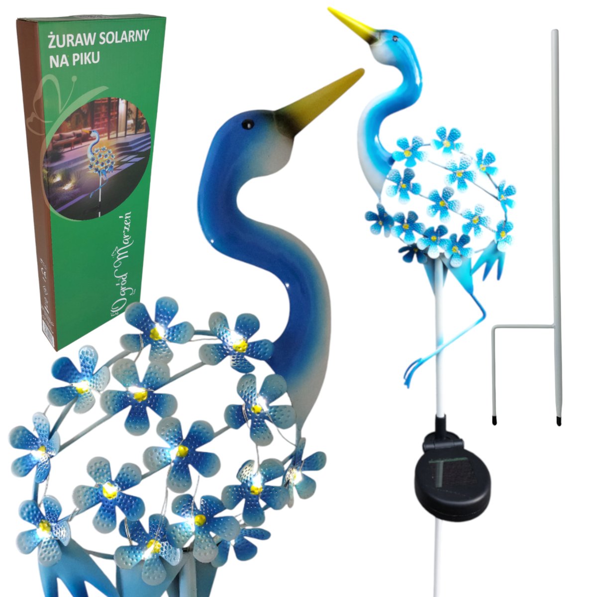 LAMPA ŻURAW SOLARNY Z KWIATKAMI LED OZDOBA SOLARNA SOLAR OGRÓD LAMPKA